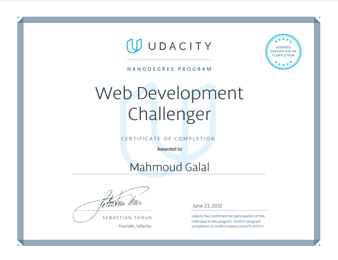 Udacity Frontend Web Development Challenger Track Certificate