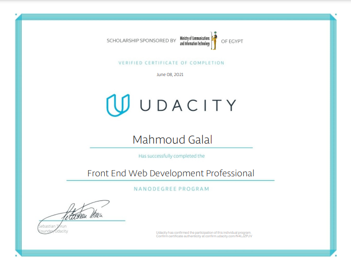 Udacity Frontend Web Development Professional Track Certificate
