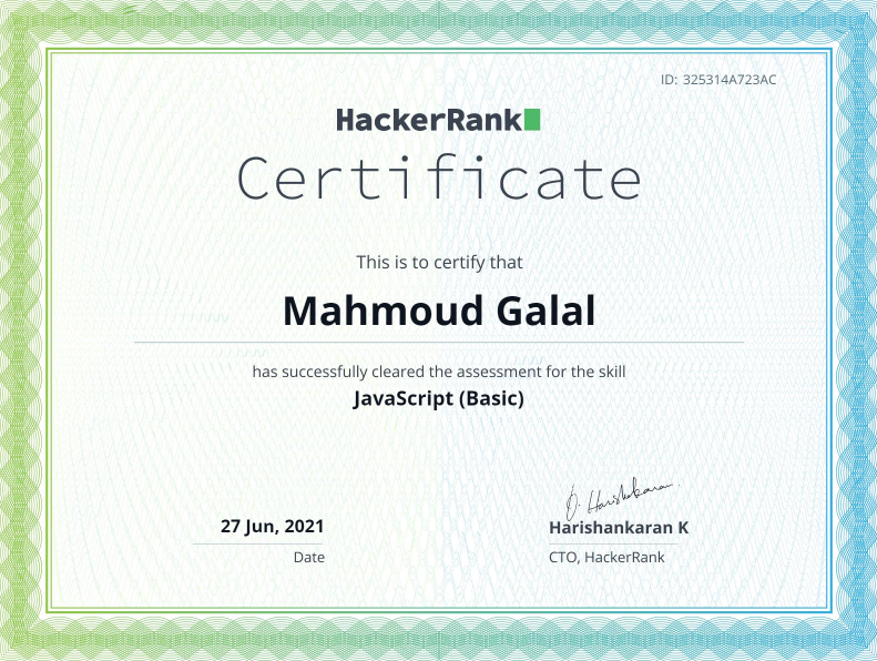 JavaScript Basics Certificate from HackerRank