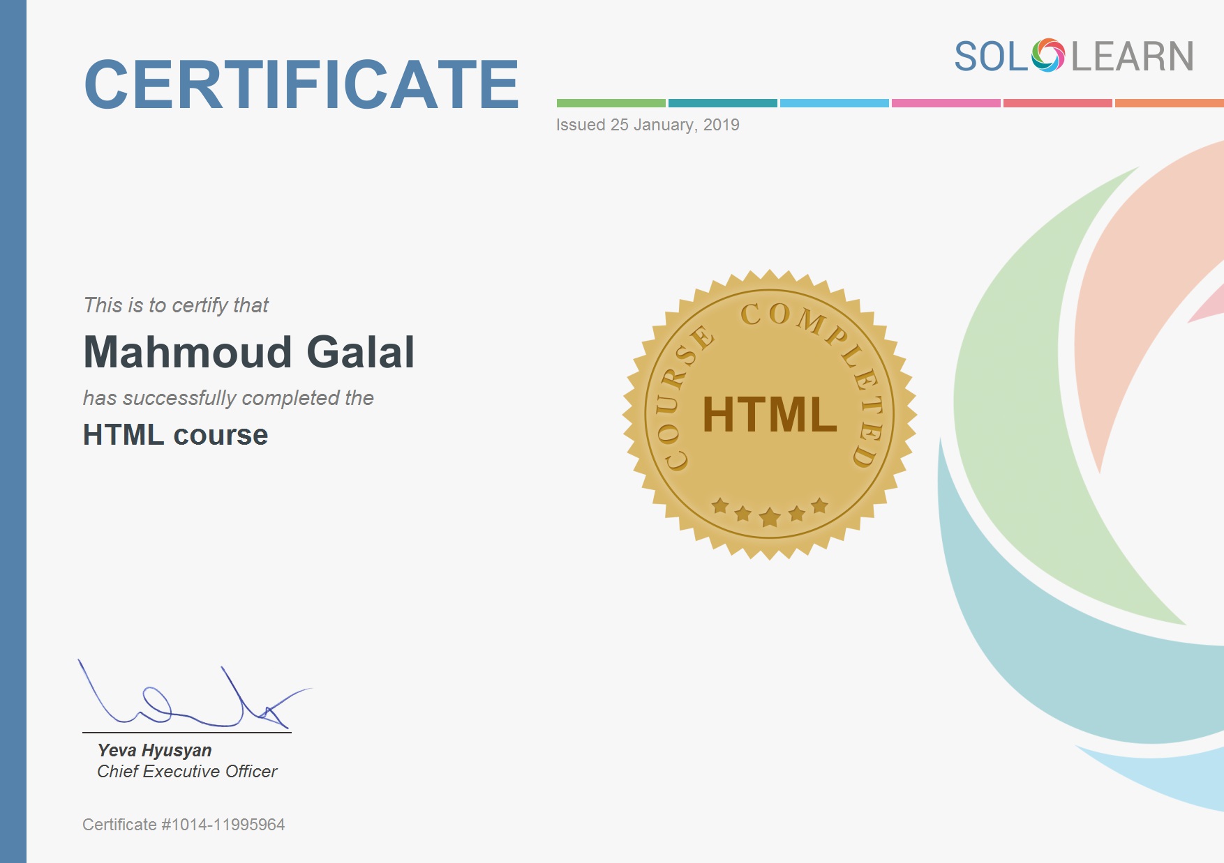 HTML Fundamentals Certificate from SoloLearn