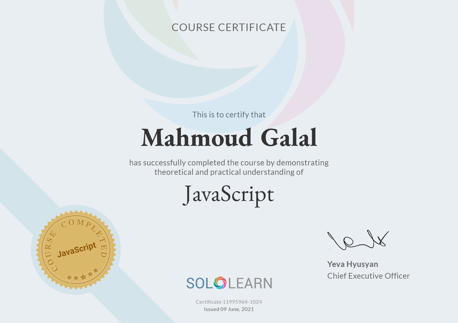 JavaScript Programming Certificate from SoloLearn